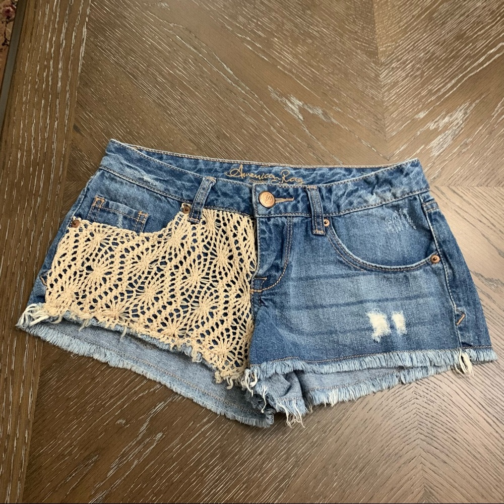 American Rag blue micro distressed denim & crochet jean shorts